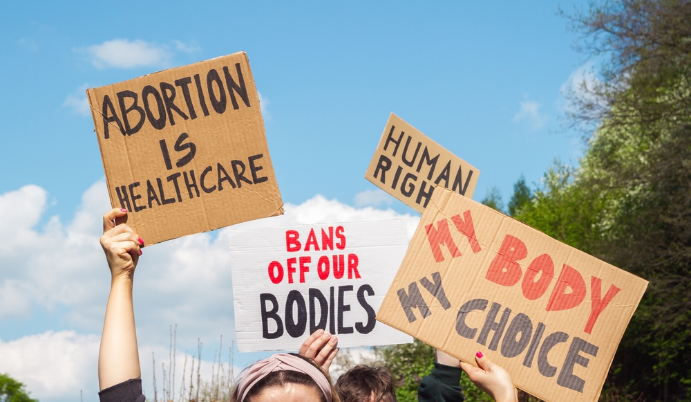 Protesters holding signs Abortion Is Healthcare, My Body My Choice, Bans Off Our Bodies, Human rights. People with placards supporting abortion rights at protest rally demonstration.